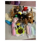 WICHER BASKET, ASSORTED PLUSH TOYS, AQUAPALS HAND