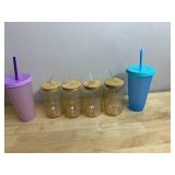 ASSORTED DRINKWARE, GLASS TUMBLERS W/ BAMBOO LIDS