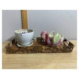 BRASS ANIMAL TRAY, WICKER BASE, CERAMIC SWAN