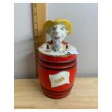 VTG CERAMIC FLOUR BARREL COOKIE JAR, FARMER
