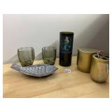 STUDIO POTTERY FISH DISH, SMOKY GLASS TUMBLERS,