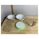 PYREX GLASS BOWLS AND BAKING DISH, VARIOUS