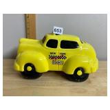 CERAMIC TAXI CAB COIN BANK, YELLOW GLAZE, BLACK