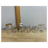 VTG GLASS SHOT GLASSES, ASSORTED DESIGNS, GOLD