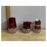 VTG RUBY FLASH GLASS PITCHERS, PRESSED PATTERN