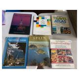 ASSORTED HARDCOVER BOOKS, TRAVEL ATLAS,