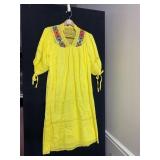 YELLOW COTTON DRESS, EMBROIDERED FLORAL YOKE,