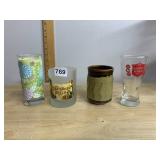ASSORTED GLASSWARE, INCLUDES FLORAL PRINT CANDLE,