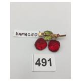 AUSTRIA BROOCH, FRUIT MOTIF, RED FROSTED GLASS