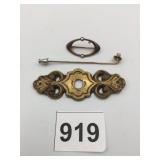 METAL BROOCH W/ FAUX PEARLS, METAL STICK PIN W/