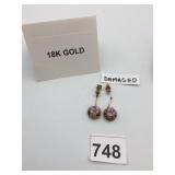 18K GOLD DROP EARRINGS, PINK ROUND STONES,