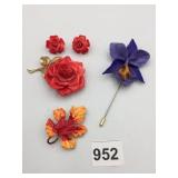 VTG COSTUME JEWELRY SET, INCLUDES LARGE RED ROSE