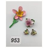 VTG ENGLISH BONE CHINA FLORAL BROOCH AND MATCHING