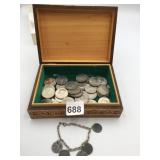 VTG WOOD BOX W/ INLAY, HINGED LID, GREEN VELVET