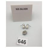 925 SILVER EARRINGS, PEARL DROP, STAR PIN W/