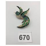 METAL BROOCH, BIRD MOTIF, ENAMEL FINISH, GREEN