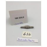 18K GOLD FILIGREE BAR BROOCH, FRESHWATER PEARLS,