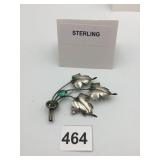 STERLING SILVER BROOCH, LEAF SPRAY MOTIF, GREEN