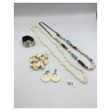 SHELL AND FAUX PEARL JEWELRY, CHIP NECKLACES,