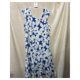 BLUE AND WHITE FLORAL PRINT DRESS, CAP SLEEVES,