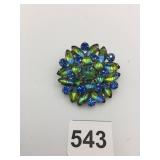 METAL BROOCH, BLUE AND GREEN RHINESTONES, FLORAL
