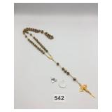 METAL ROSARY W/ FLORAL BEADS, GOLD-TONE CRUCIFIX,