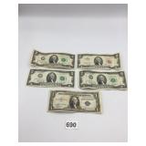 US CURRENCY, FOUR TWO-DOLLAR BILLS, SERIES 1976,