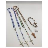 ASSORTED ROSARIES, MULTICOLORED GLASS AND WOODEN