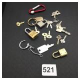 ASSORTED PADLOCKS, KEYS, KEY RINGS, CARABINER,