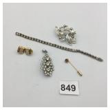 RHINESTONE TENNIS BRACELET, FLORAL BROOCH W/ AB