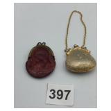 VTG MINIATURE PURSES, ONE RED LEATHER W/ BRASS