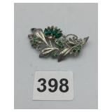 SILVER-TONE FLORAL BROOCH, GREEN RHINESTONE