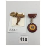 VTG BAKELITE BROOCHES, SADDLE W/ BOOT CHARM,