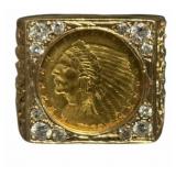14K GOLD AND DIAMOND RING WITH 1/4 OZ  INDIAN HEAD