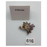 STERLING SILVER BROOCH, FLORAL MOTIF, PINK