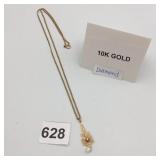 10K GOLD NECKLACE, FILIGREE PENDANT, CLEAR STONE