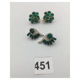 METAL EARRINGS, GREEN RHINESTONES, FAUX PEARL