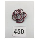 DARK METAL ROSE BROOCH, RED RHINESTONE ACCENTS,