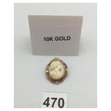10K GOLD CAMEO BROOCH, CARVED SHELL PROFILE, SEED