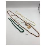 BEADED NECKLACES, MALACHITE, WOOD, FAUX PEARL,