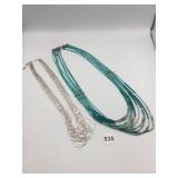 METAL BEADED NECKLACE, MULTI-STRAND, TURQUOISE