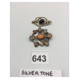 SILVER-TONE BROOCHES, PR, OVAL BLACK STONE,