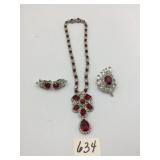COSTUME JEWELRY SET, RED RHINESTONE PENDANT