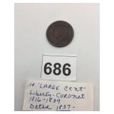 US LARGE CENT, CORONET HEAD, 1837, COPPER,