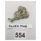 SILVER-TONE BROOCH, CLEAR RHINESTONES, FLORAL