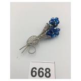 SILVER-TONE FILIGREE BROOCH, BLUE AB CRYSTAL