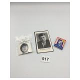JOHN LENNON PINBACK, JFK MEMORIAL CARD, JFK STAMP