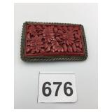 VTG CARVED RED CINNABAR STYLE FLORAL BROOCH,