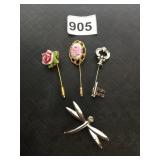 METAL STICK PINS, INCL PORCELAIN ROSE, PORCELAIN