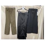 ALFANI OLIVE TROUSERS, BEBE BLACK SATIN SKIRT,